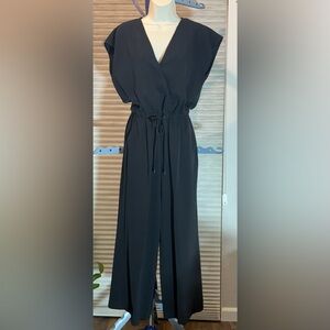 Ann Taylor Factory Black V-Neck Jumpsuit with Drawstring Waist
